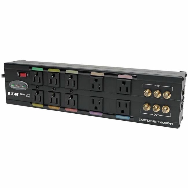 Eaton Tripp Lite Isobar surge protector with 10 outlets, 8 ft. cord, metal housing, LEDs, and right-angle plug.