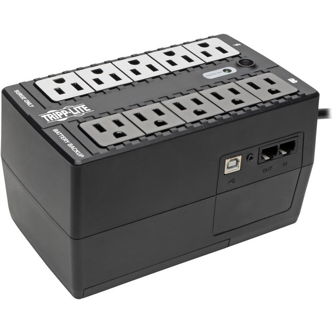 Eaton INTERNET550U Tripp Lite 550VA standby UPS with 10 NEMA outlets, USB port, 120V power for desktop or wall mounting.