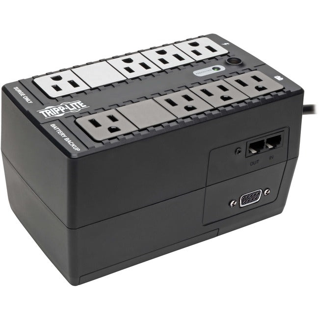 Eaton INTERNET550SER UPS with 8 NEMA outlets, DB9 port, 120V plug, desktop and wall mount, 550VA standby power supply.