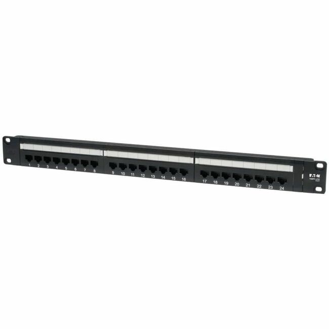 Eaton Tripp Lite 24-port Cat6 Cat5 patch panel with rackmount design and RJ45 Ethernet punch-down connections