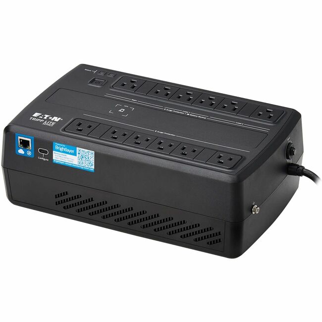 Eaton AVR750UNC Tripp Lite 750VA line-interactive UPS with 12 NEMA outlets, remote monitoring, and desktop setup.
