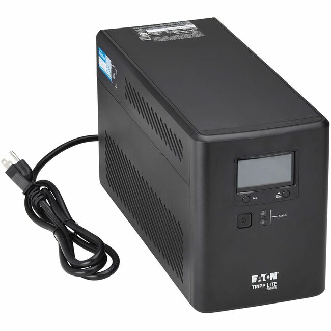 Eaton SMART1000LCDTNC 1000VA line-interactive UPS with LCD display, NEMA outlets, tower design, and remote monitoring features.