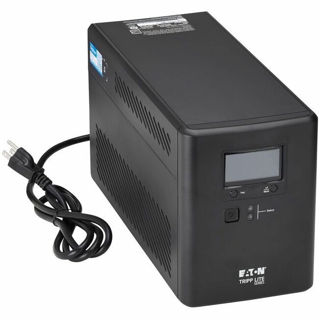 Eaton SMART1500LCDTXC line-interactive UPS with LCD display, 10 NEMA outlets, tower design, and remote monitoring for backup power.