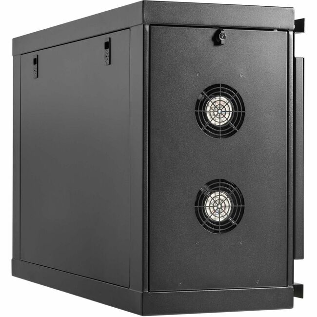 Eaton Tripp Lite SmartRack 6U low-profile side-mount mini wall rack enclosure in black, mounted on a wall for networking equipment.