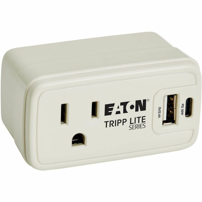 Eaton SK10C32 Tripp Lite Series Power It! 1-Outlet Universal Travel Charger and Power Strip - 5-15R Outlet, USB-C and USB-A Ports, 32W PD Charging, 5-15P Direct Plug-In, Gray
