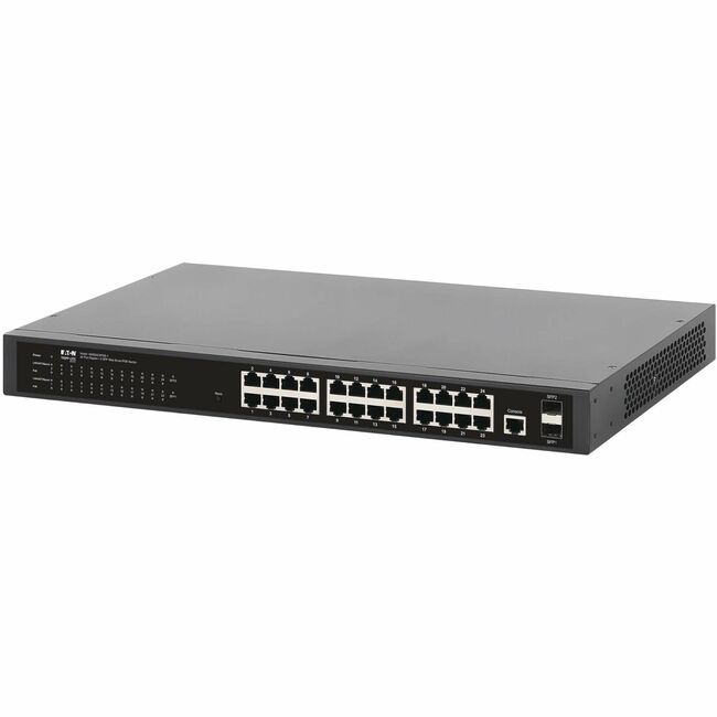 Eaton NGS24C2POE-1 managed Gigabit Ethernet switch with 24 ports, PoE+, SFP ports, rack-mountable, network equipment.