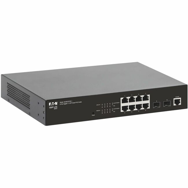 Eaton NGS8C2POE-1 Gigabit Ethernet switch with 8 ports, PoE+ support, 2 SFP ports, 1U rack-mount, black device
