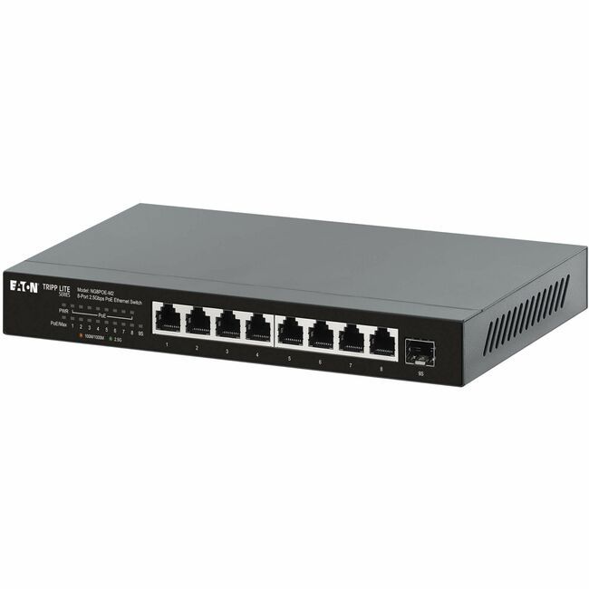 Eaton NG8POE-M2 unmanaged 8-port Gigabit Ethernet switch with PoE+ pass-through, metal enclosure, TAA compliance.