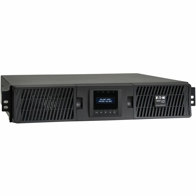 Eaton SU3000RTXLCD2UTAA SmartOnline 3000VA UPS with LCD display, 7 outlets, network card, extended run, rack/tower setup.