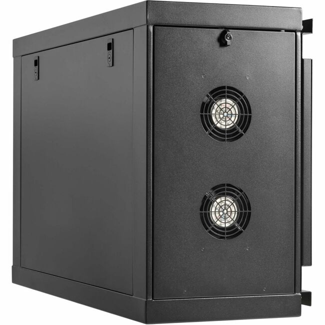 Eaton Tripp Lite SmartRack 9U low-profile side-mount wall-mount mini rack enclosure in black, showing front and side view.