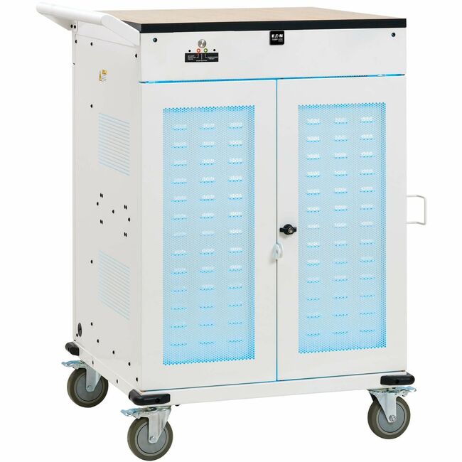 Eaton CSC36VACUVC Tripp Lite Series Safe-IT 36-Device UV Mobile Charging Cart for Laptops and Chromebooks - 120V, NEMA 5-15P, 10 ft. (3.1 m) Cord, Antimicrobial, Wood-Grain Top, White