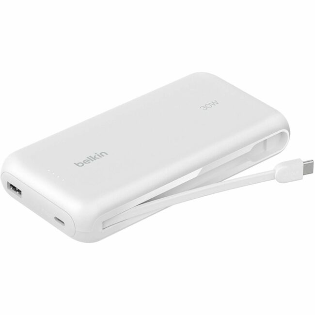 Belkin International INC BPB024FQWH Belkin 30W 2-port Power Bank w/ Integrated USB-C Cable - 20K mAh - 1xUSB-A, 1xUSB-C - Portable Charger - White