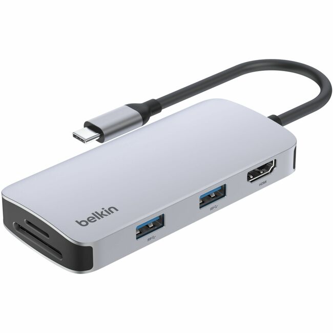 Belkin International INC AVC007FQSGY-V2 Belkin 5-Port USB-C Hub - USB-C to 2xUSB-A, 1x4K HDMI, 1xSD Reader, 1xMicroSD Reader - 5Gbps - Docking Station - Grey