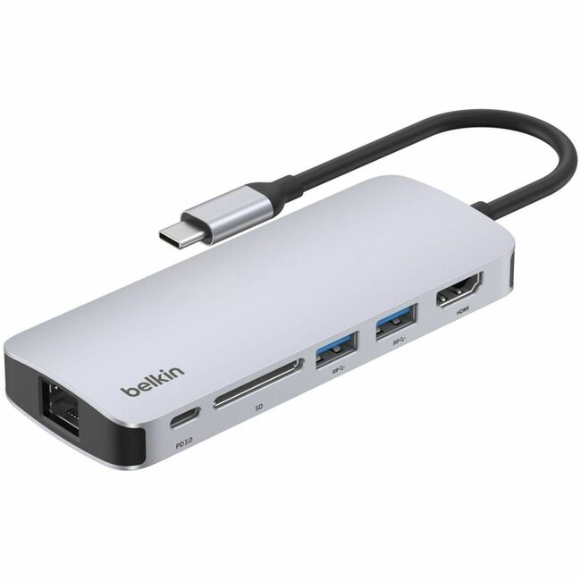 Belkin International INC AVC008FQSGY-V2 Belkin 6-Port USB-C Hub - USB-C to 2xUSB-A, 1xUSB-C, 1xEthernet, 1x8K HDMI, 1xSD Reader - Docking Station - Grey