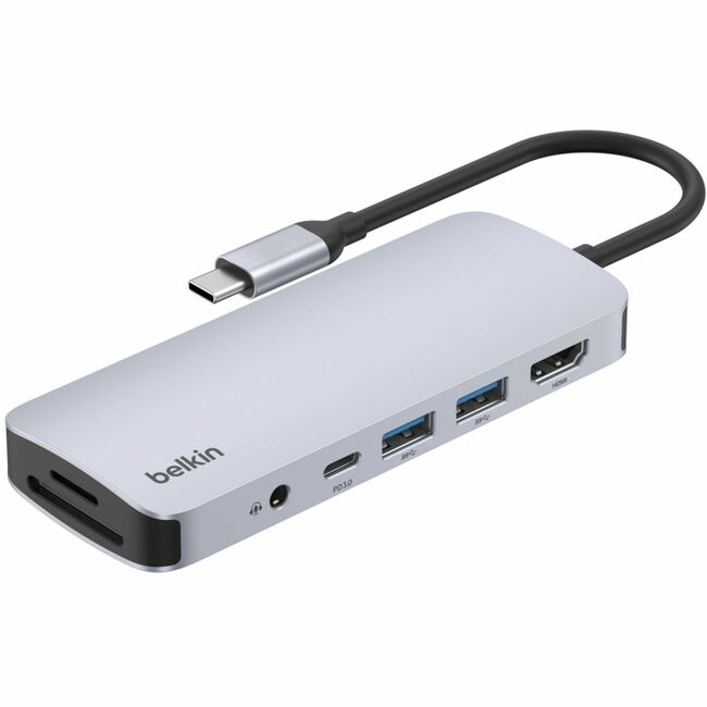 Belkin International INC AVC009FQSGY-V2 Belkin 7-Port USB-C Hub - USB-C to 2xUSB-A, 1xUSB-C, 1x4K HDMI, 1xSD Reader, 1xMicroSD Reader, 1x3.5mm Audio - Grey