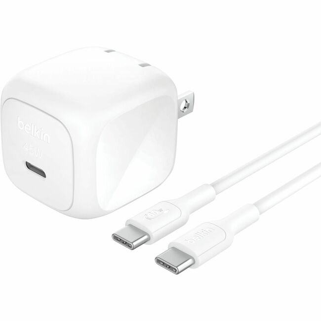 Belkin International INC WCA013DQ1MWH-B6 Belkin 45W Portable Cubic USB-C Wall Charger w/ USB-C Cable - 1xUSB-C - Foldable Prongs - Fast Charge - Power Adapter - White