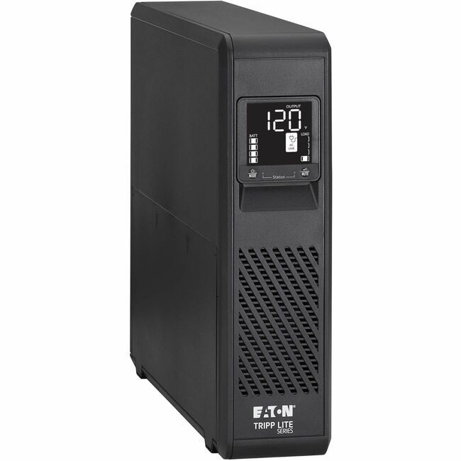 Eaton SMART1500PSRTNC Tripp Lite 1500VA pure sine wave UPS with LCD display, 10 NEMA outlets, tower design, remote monitoring.