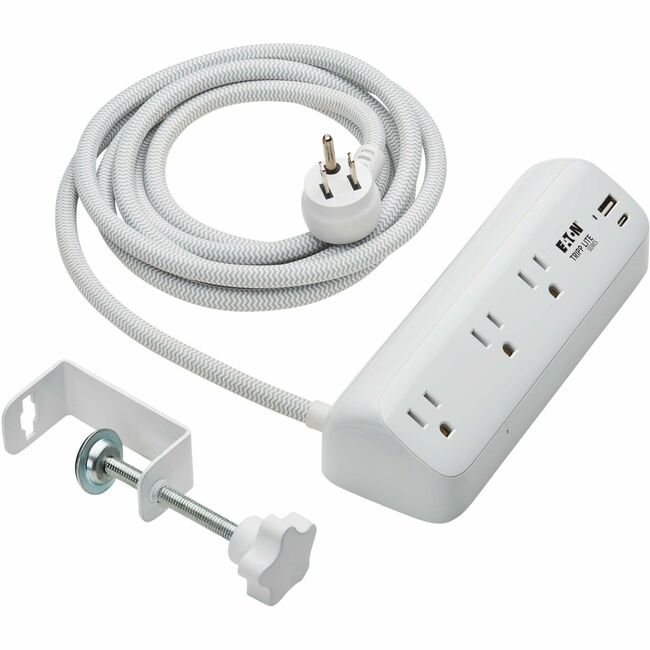 Eaton TLP308U20CLAMP Tripp Lite Series Protect It! 3-Outlet Surge Protector with USB-A and USB-C Ports - 5-15R Outlets, 900 Joules, 20W PD Charging, Desk Clamp, 8 ft. (2.4 m) Braided Cord, White