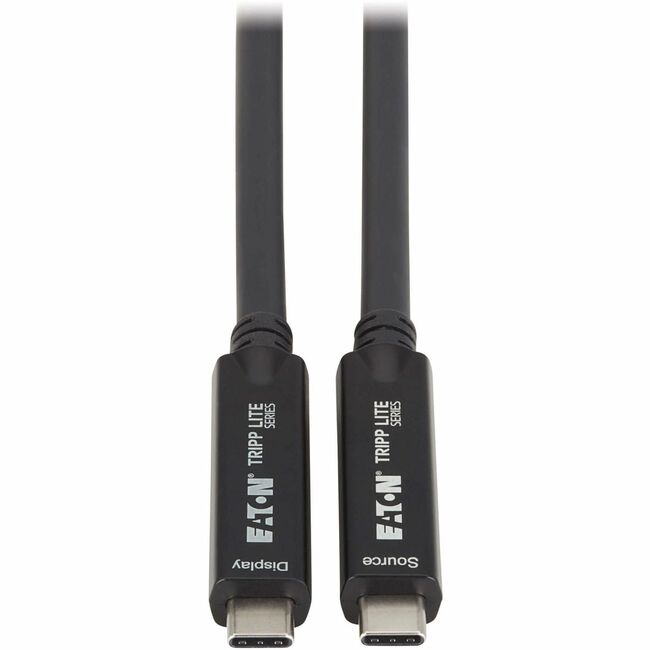 Eaton U420F-15M Tripp Lite USB-C to USB-C fiber optical cable showing black cable with connectors, supporting 8K HDR video and 40W charging.