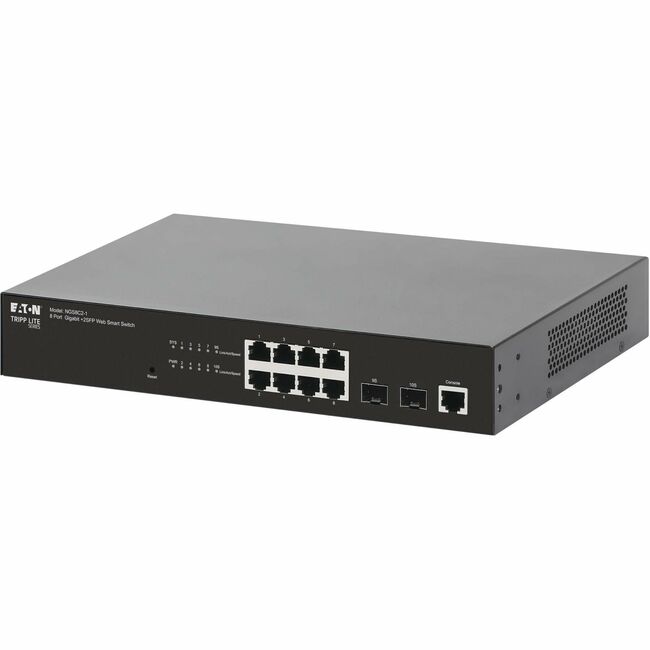 Eaton NGS8C2-1 Tripp Lite 8-port managed gigabit Ethernet switch with 2 SFP ports, 1U rack or desktop mount, layer 2 network device.