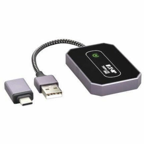 Eaton U264-001-APL Wireless Apple CarPlay adapter connected to a vehicle's dashboard, compatible with iPhone, black color.