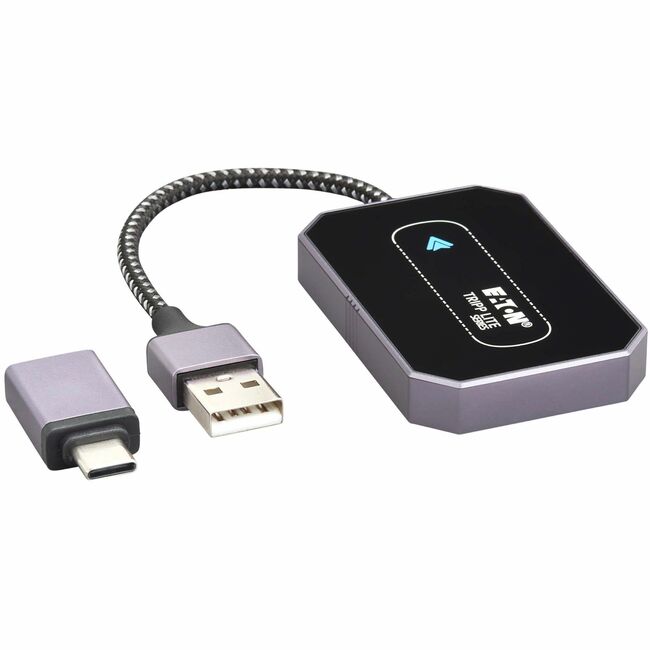 Eaton U264-001-AND Android Auto adapter for vehicles, black, compatible with Android and Google phones, shown connected to a car dashboard.