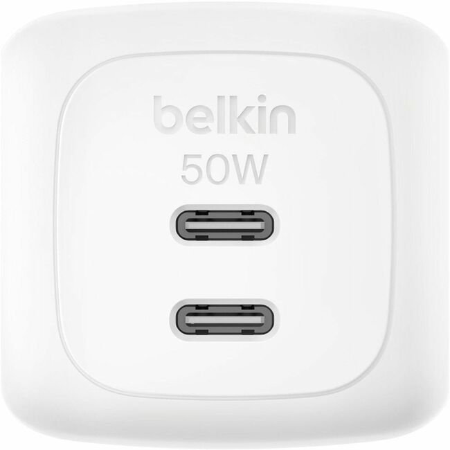 Belkin International INC WCH019DQWH Belkin 50W Portable 2-Port USB-C Wall Charger - 2xUSB-C - Foldable Prongs - Power Adapter - White