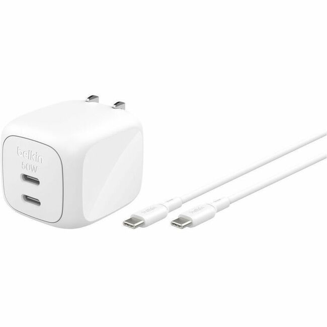 Belkin International INC WCH019DQ1MWH-B6 Belkin Dual USB-C GaN Wall Charger 50W