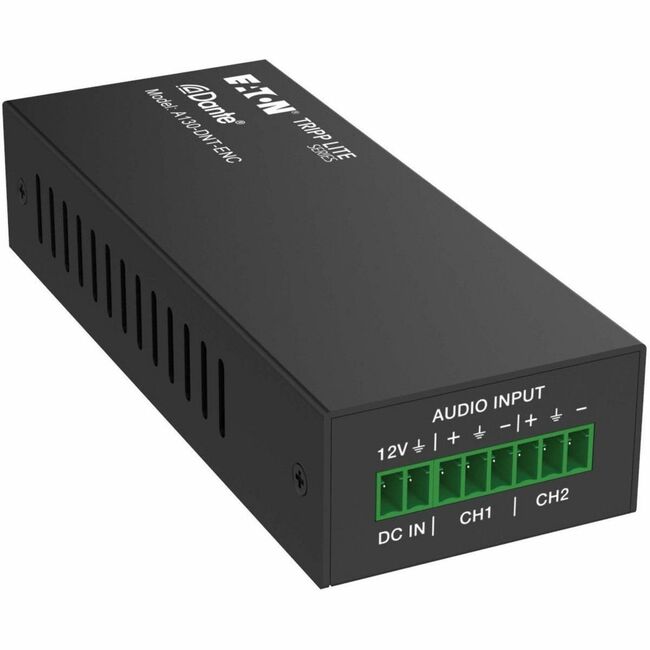 Eaton A130-DNT-ENC Dante 2-channel analog audio encoder module for video processing and capturing, with input jacks and status LEDs.