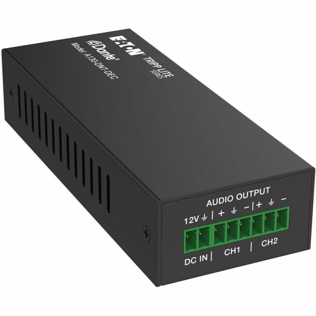 Eaton Tripp Lite A130-DNT-DEC Dante 2-Channel Analog Audio Decoder connected to audio equipment for digital audio processing.