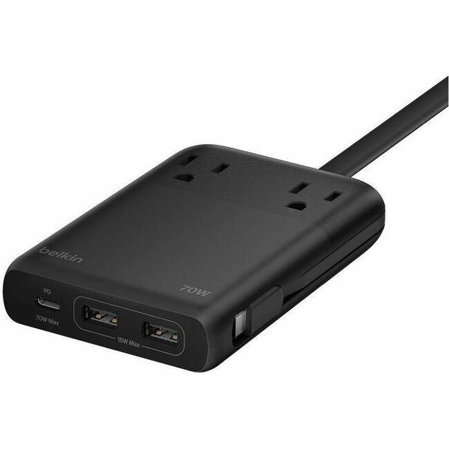 Belkin International INC SRZ002TT5 Belkin 2-Outlet Charging Station w/ 2x USB-A, 1x USB-C Ports + Tethered USB-C Cable 70W - 5ft Cord - Black