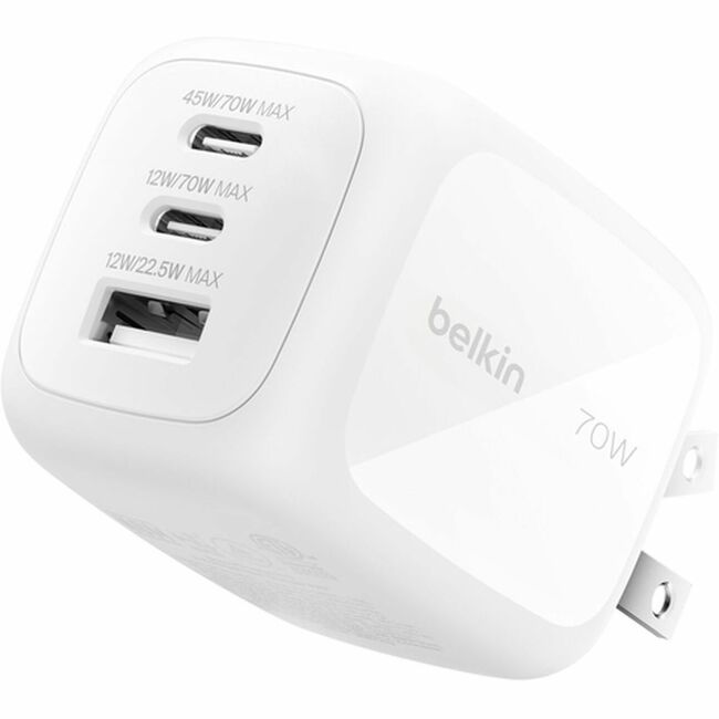 Belkin International INC WCH018DQWH Belkin 70W GaN 3-Port USB Wall Charger - 1xUSB-A, 2xUSB-C - Foldable Prongs - Power Adapter - White