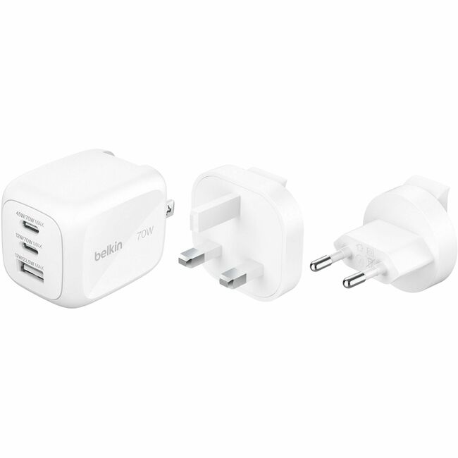 Belkin International INC WCH018FQWH Belkin 70W GaN 3-Port USB Wall Charger - 1xUSB-A, 2xUSB-C - Power Adapter - White