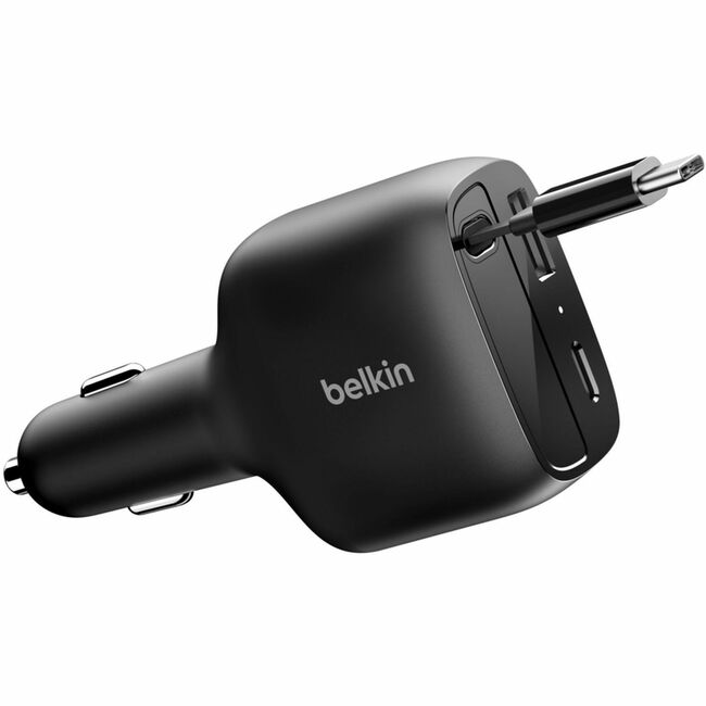 Belkin International INC CCC001FQBK Belkin 75W Dual Port USB Car Charger - 1xUSB-A, 1xUSB-C w/ Retractable USB-C Cable - Black