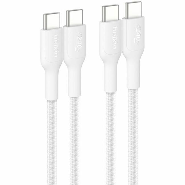 Belkin International INC CAB025FQ1MWH2PK Belkin BoostCharge Pro USB-C to USB-C Braided Cable 240W, 3.3ft/1m, White, 2-pack