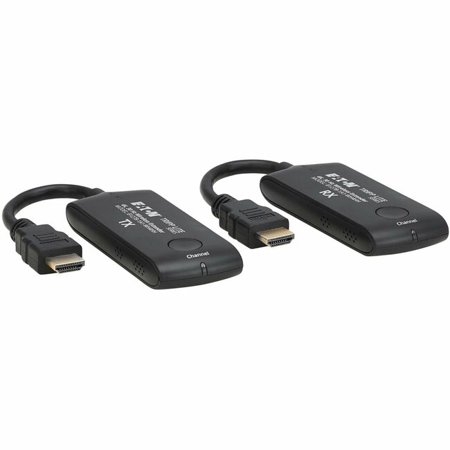 Eaton B127B-1A1-WH4HH Tripp Lite video extender transmitter and receiver for audio and video transmission, connected with cables.