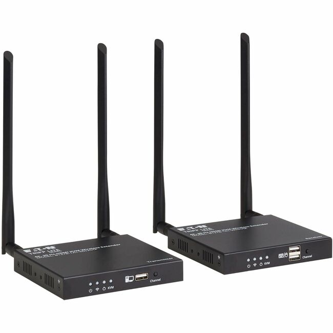 Eaton Tripp Lite B127B-1A1-WHKVM video extender transmitter and receiver for audio and video signals, connected with cables.