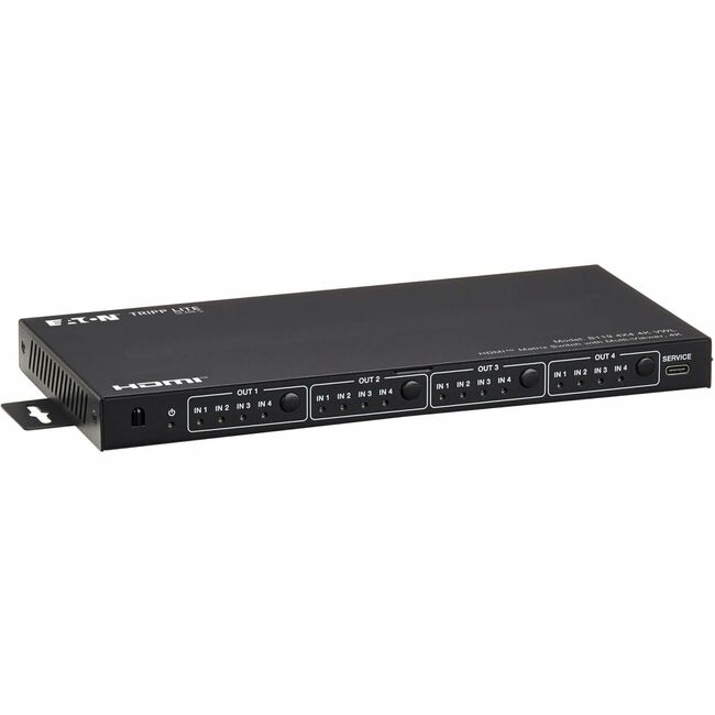 Eaton B119-4X4-4K-VWL video switchbox with multiple input and output ports for high-quality audio and video signals.