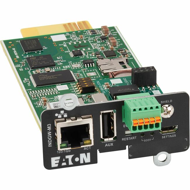 Eaton INDGW-M3 Cybersecure gigabit industrial gateway card for UPS and PDU, with remote management ports and certification labels
