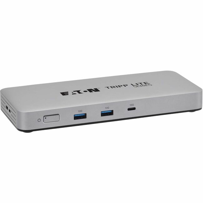Eaton U442-DOCK25 Tripp Lite series docking station with multiple ports and sleek black design, connected to a laptop.