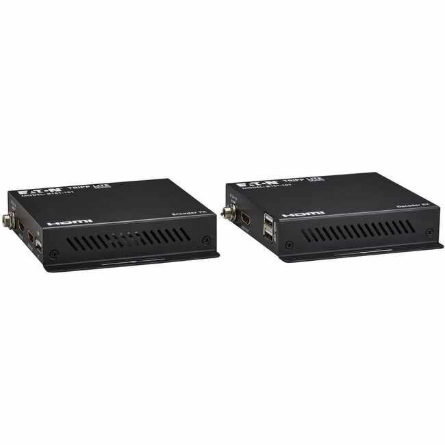 Eaton B161-101 HDMI over IP encoder and decoder kit with KVM, supporting 4K resolution and TCP/IP transmission up to 393 ft.