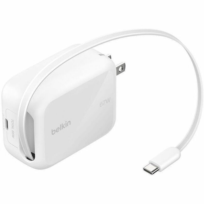 Belkin International INC WCH022DQWH Belkin 67W GaN USB-C Wall Charger w/ 3.3 ft Retractable USB-C Cable - 1xUSB-C - Fast Charger - Power Adapter - White