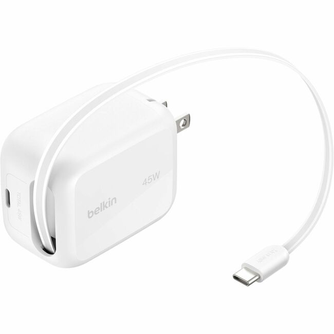 Belkin International INC WCH023DQWH Belkin UltraCharge Retractable GaN Wall Charger 45W, White