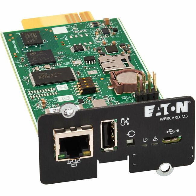 Eaton WEBCARD-M3 network management card for UPS systems and PDUs, shown installed in a data center setup