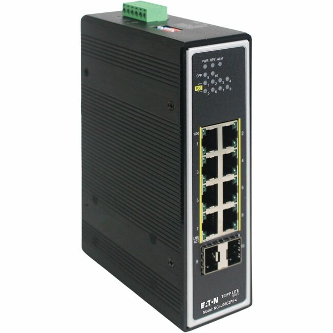 Eaton Tripp Lite NGI-U08C2P8-4 Ethernet switch with multiple ports, black rectangular device for network connectivity.