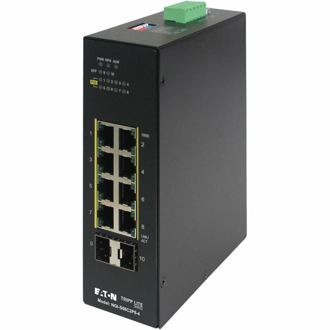 Eaton Tripp Lite NGI-S08C2P8-4 Ethernet switch with multiple ports, black rectangular device for network connectivity.