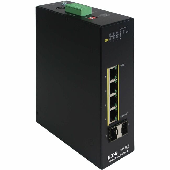 Eaton NGI-U04C2P4-4 Ethernet switch from Tripp Lite series with multiple ports and LED indicators, mounted on a rack.