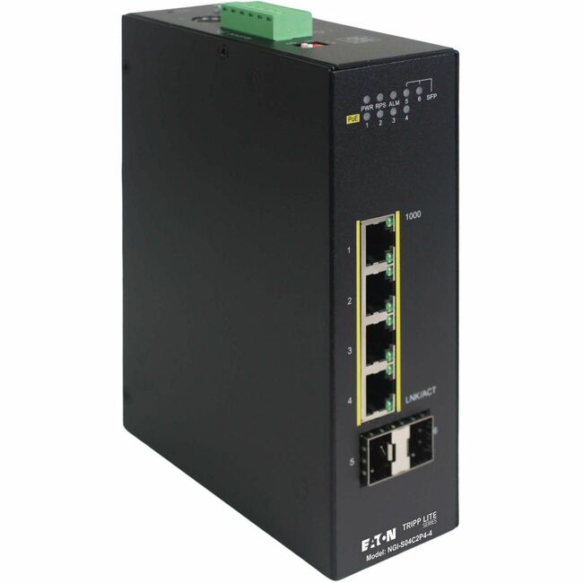 Eaton NGI-S04C2P4-4 Ethernet switch with multiple ports, green LED indicators, and compact design for networking.