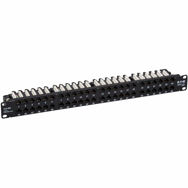 Eaton N252-048-1U-6A Tripp Lite 48-port Cat6a patch panel with RJ45 connectors, 1U size, TAA compliant, UTP, 110 punch down