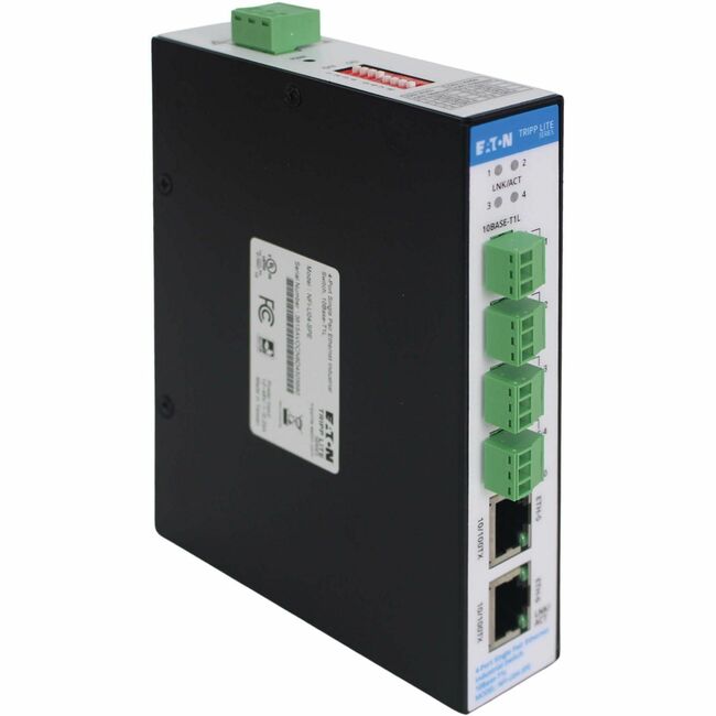 Eaton NFI-U04-SPE Ethernet switch from Tripp Lite series with multiple ports, black rectangular device on a white background.